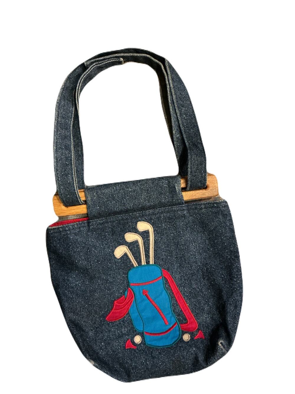 Vintage Denim Golf Tote Bag, Wooden Handles, Embroidered Golf Bag Purse